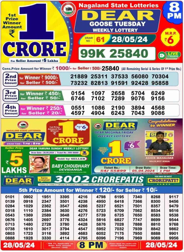 Nagaland State Lottery Sambad Result 8PM For 28.05.2024 LIVE: Dear GOOSE NIGHT Rs. 1 Crore Lucky Draw Winning