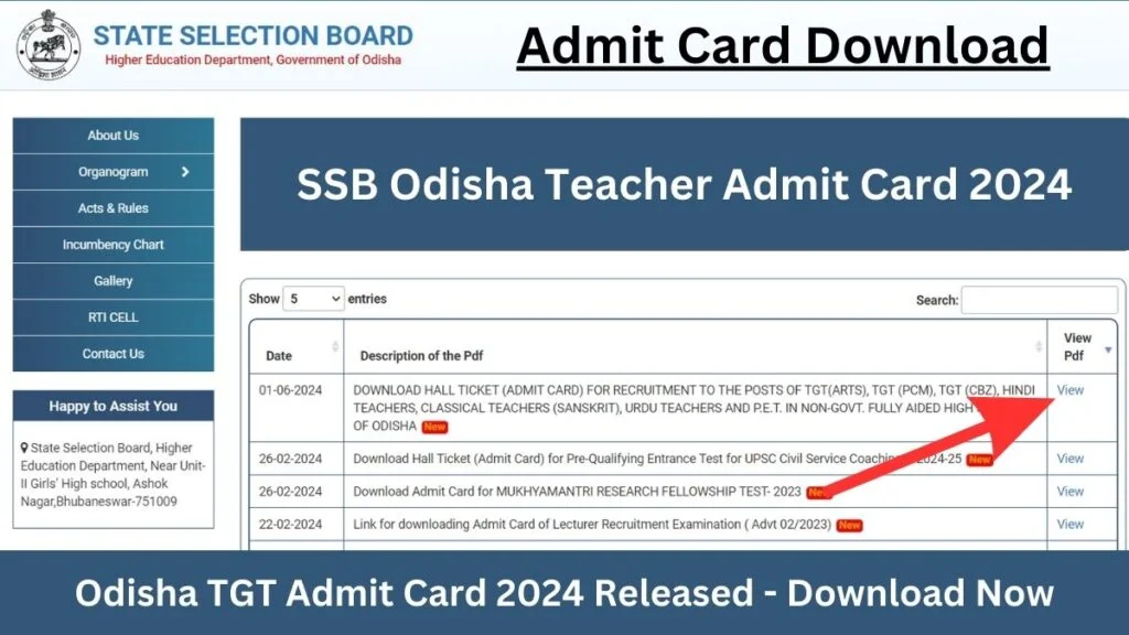 SSB Odisha TGT 2024 Admit Card