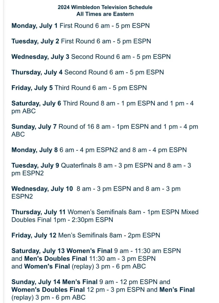 Wimbledon 2024 Schedule Wimbledon Tennis 2024 Men's Final TV Schedule